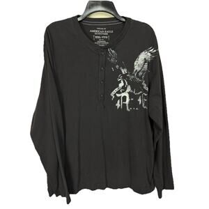 Mens Vintage American Eagle Henley Shirt XXL Black Long Sleeve Eagle Graphic Y2K